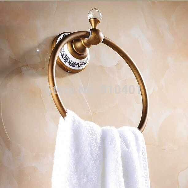 Wholesale And Retail Promotion Crystal Bathroom Towel Rack Holder Antique Brass Ceramic Base Towel Ring Holder
