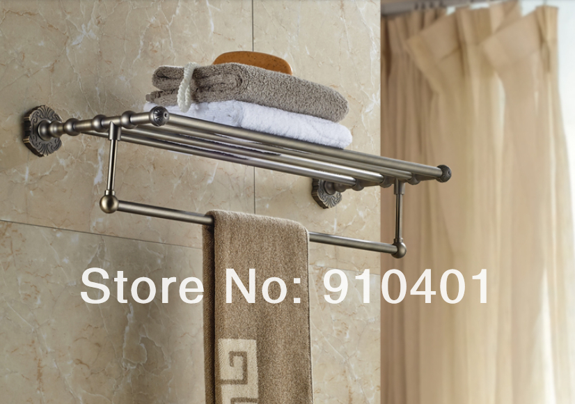 Wholesale And Retail Promotion Euro Antique Brass Flower Carved Towel Rack Bath Storage Shelf Towel Bar Holder