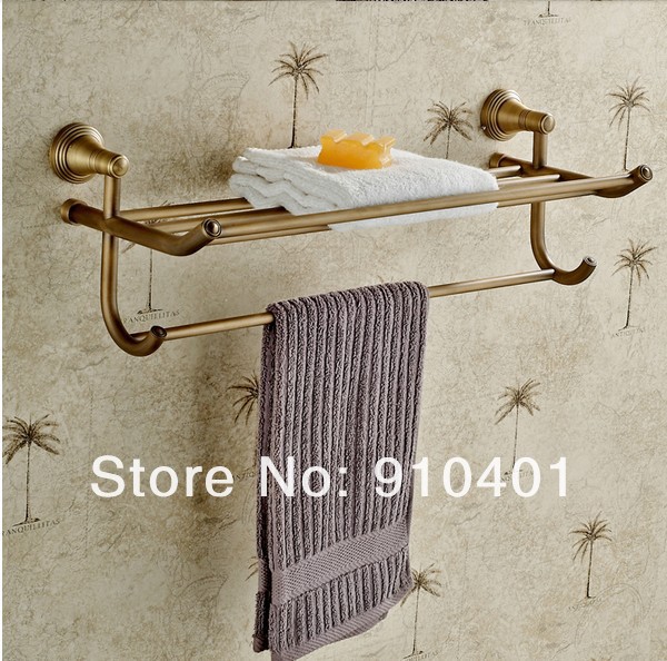 Wholesale And Retail Promotion Luxury Antique Brass Bathroom Shelf Towel Rack Holder With Towel Bar Dual Hooks