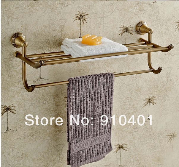 Wholesale And Retail Promotion Luxury Antique Brass Bathroom Shelf Towel Rack Holder With Towel Bar Dual Hooks
