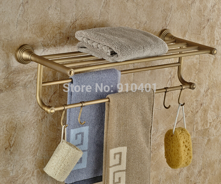 Wholesale And Retail Promotion Luxury Antique Brass Bathroom Shower Shelf Towel Rack Holder Towel Bar W/ Hooks