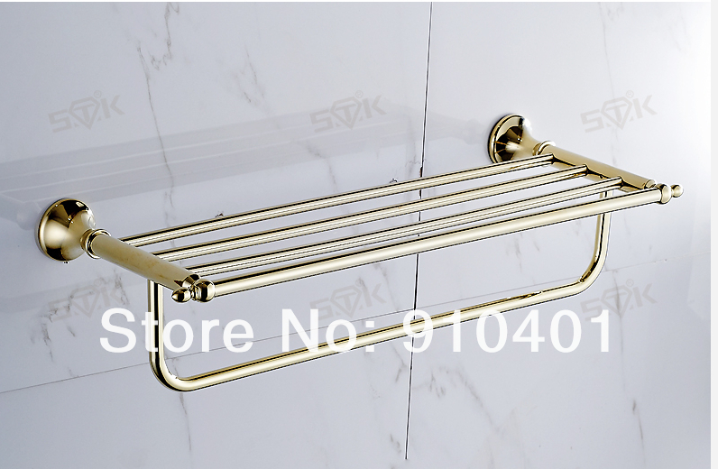 Wholesale And Retail Promotion Luxury Golden Brass Bathroom Shelf Towel Rack Towel Bar Holder W/ Hooks Hangers