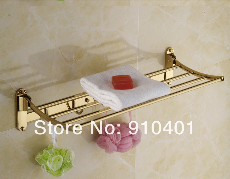 Wholesale And Retail Promotion Luxury Golden Brass Bathroom Towel Rack Holder Bathroom Shelf With Hooks Hangers