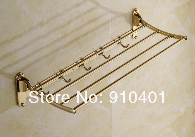 Wholesale And Retail Promotion Luxury Golden Brass Bathroom Towel Rack Holder Bathroom Shelf With Hooks Hangers