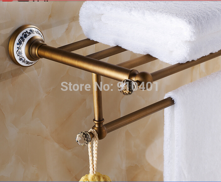 Wholesale And Retail Promotion Modern Antique Brass Bathroom Shelf Towel Rack Holder Towel Bar Crystal Hangers