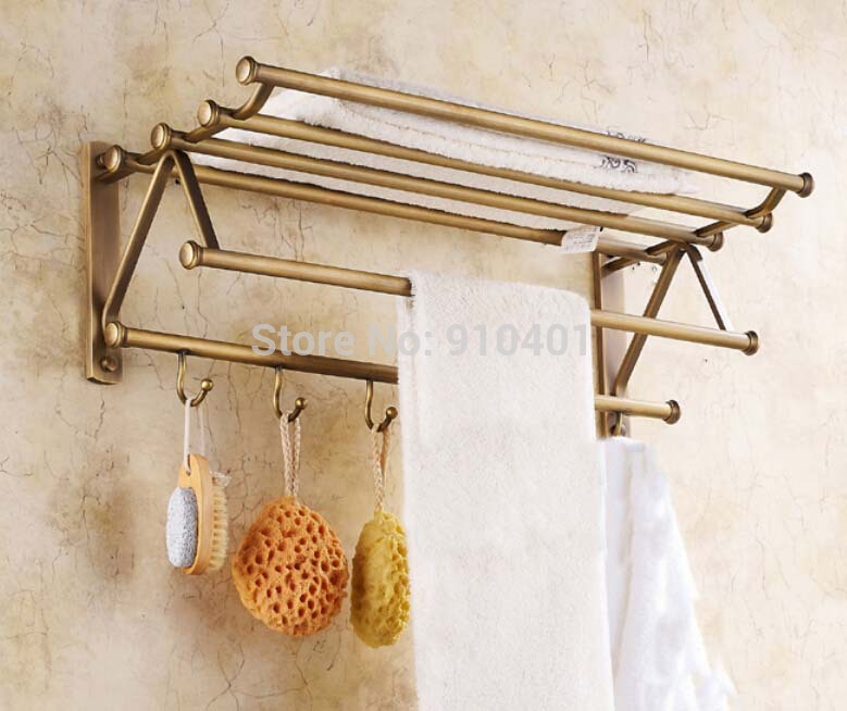 Wholesale And Retail Promotion Modern Antique Brass Bathroom Towel Rack Holder Clothes Shelf W/ Hook & Hangers