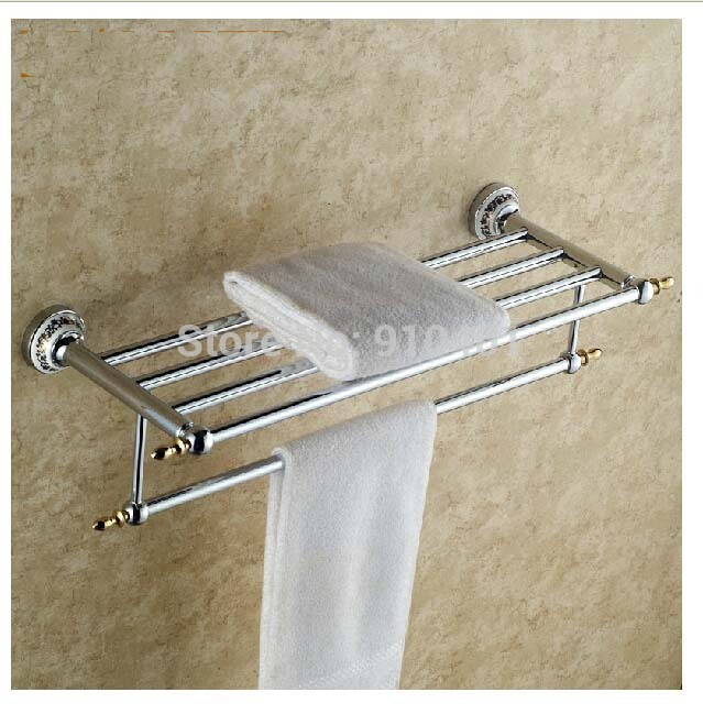 Wholesale And Retail Promotion Modern Chrome Brass Bathroom Shelf Towel Rack Holder W/ Towel Bar Ceramic Base