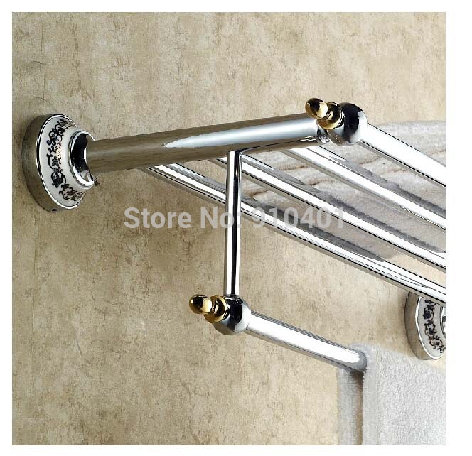 Wholesale And Retail Promotion Modern Chrome Brass Bathroom Shelf Towel Rack Holder W/ Towel Bar Ceramic Base