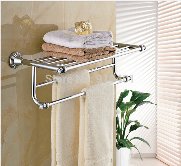 Wholesale And Retail Promotion Modern Chrome Brass Bathroom Shelf Towel Rack Holder With Dual Towel Bar Hangers