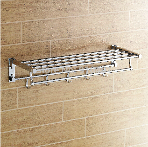 Wholesale And Retail Promotion Modern Chrome Foldable Bathroom Shelf Towel Rack Holder With Towel Hooks Hangers