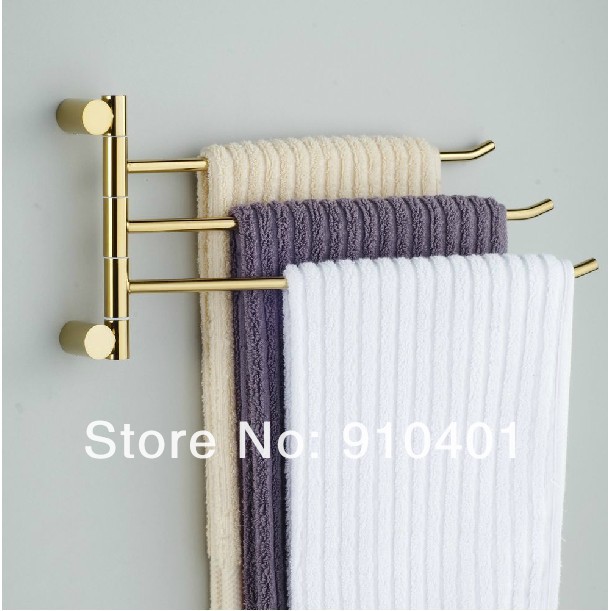 Wholesale And Retail Promotion Modern Golden Brass Wall Mounted Bathroom Towel Rack Swivel 3 Towel Bars Holder
