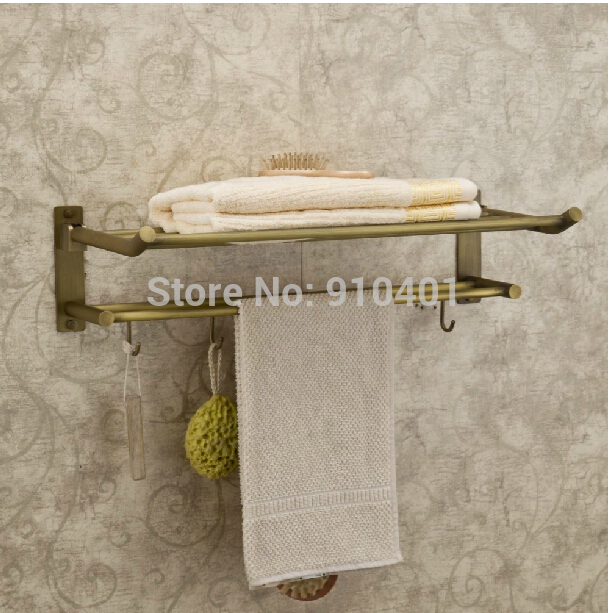 Wholesale And Retail Promotion NEW Antique Brass Towel Rack Holder Bathroom Shelf Wall Mounted Towel Bar Hooks