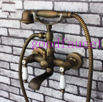 Contemporary Antique Bronze Clawfoot Bathroom Tub Faucet  Handheld Shower Spray Set Mixer W/ Two Ceramic Handles