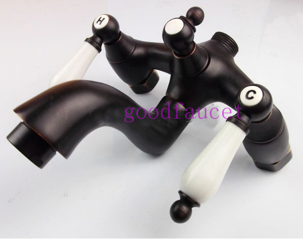 Wholesale And Retail Oil Rubbed Bronze Clawfoot Bathtub Faucet W /Ceramic Telephone Hand Shower Mixer Tap Set