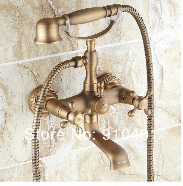 Wholesale And Retail Promotin Antique Brass Wall Mounted Clawfoot Shower/ Tub Mixer Faucet + Hand Shower Set