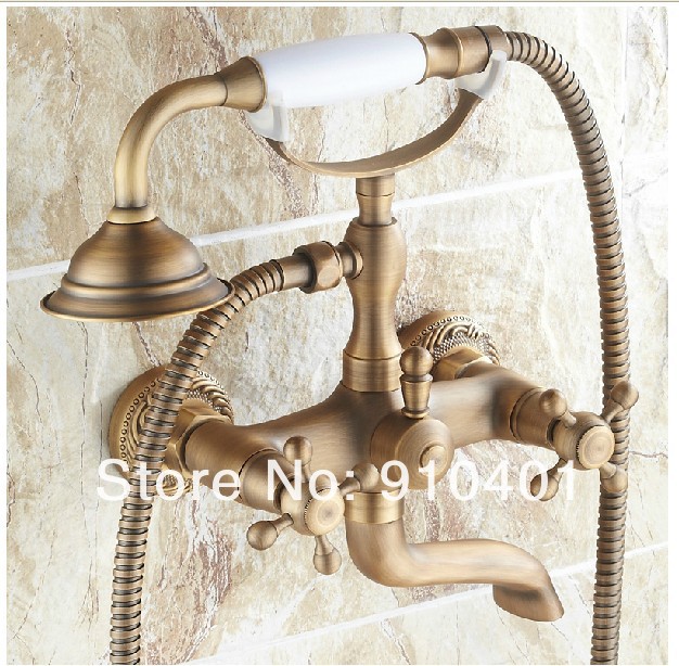 Wholesale And Retail Promotin Antique Brass Wall Mounted Clawfoot Shower/ Tub Mixer Faucet Dual Cross Handles