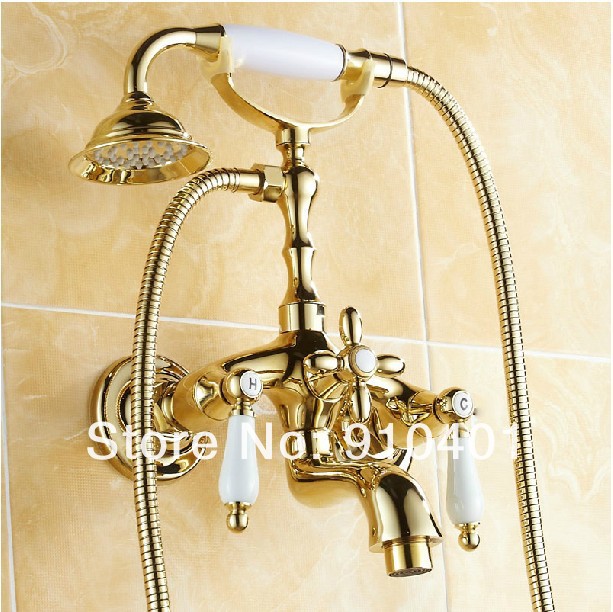 Wholesale And Retail Promotin NEW Luxury Golden Bathroom Tub Faucet Clawfoot Mixer Tap W/ Hand Shower Faucet