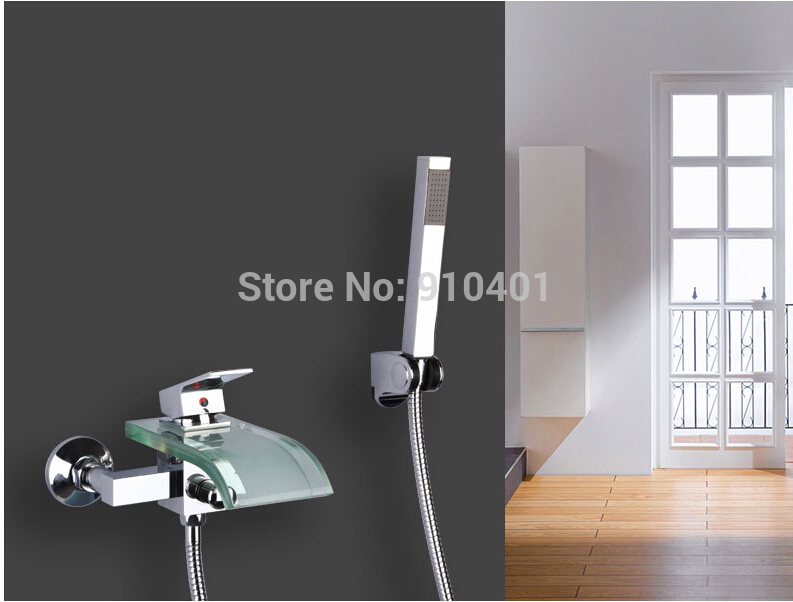Wholesale And Retail Promotin NEW Wall Mount Bathtub Faucet Waterfall Glass Spout Sink Mixer Tap Hand Shower
