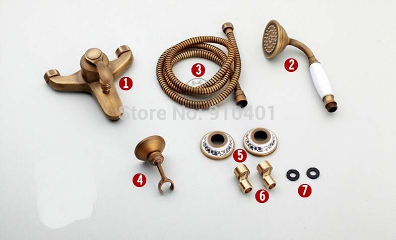 Wholesale And Retail Promotion Antique Brass Tub Mixer Tap Bathroom Sink Faucet With Hand Shower Wall Mounted