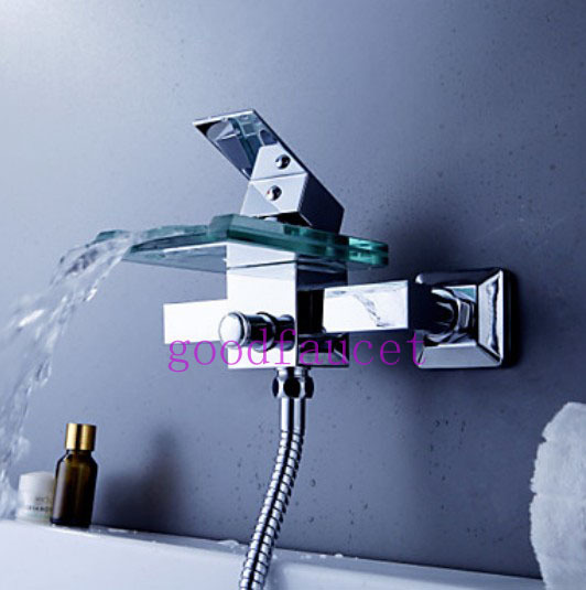 Wholesale And Retail Promotion Chrome Brass Wall Mounted Bathroom Tub Faucet Waterfall Glass Spout Mixer Tap