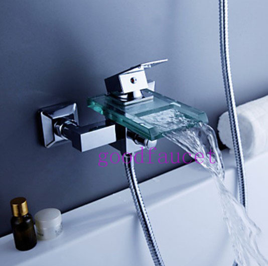 Wholesale And Retail Promotion Chrome Brass Wall Mounted Bathroom Tub Faucet Waterfall Glass Spout Mixer Tap