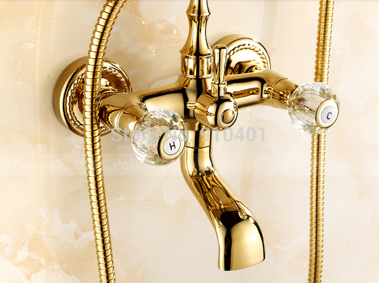 Wholesale And Retail Promotion Wall Mount Golden Brass Bathroom Tub Faucet Dual Crystal Handles Sink Mixer Tap