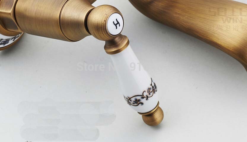 Wholesale And Retail Promotion Wall Mounted Antique Brass Bathroom Tub Faucet Ceramic Style With Hand Shower
