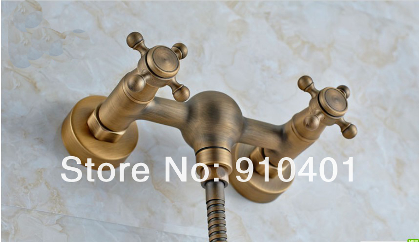 Wholesale And Retail Promotion Wall Mounted Antique Brass Bathtub Faucet Shower Mixer Tap Set Dual Cross Handle