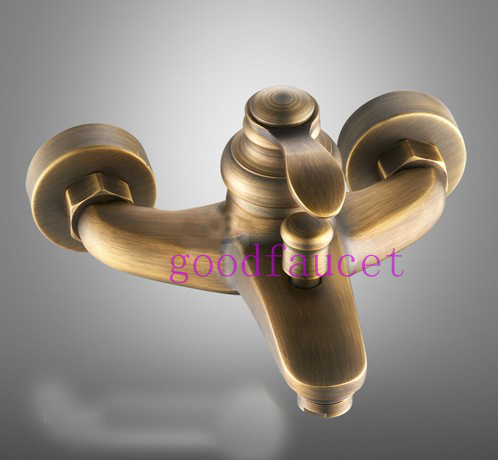 Wholesale And Retail Wall Mounted Antique Brass Shower Faucet With Tub Mixer Tap + Hand Shower With Hook Shower