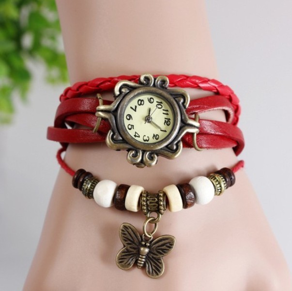 Cow Leather Strap Casual Watch Women Dress Watches Butterfly Pendant Vintage Quartz Analog Watch Fashion Bracelet -