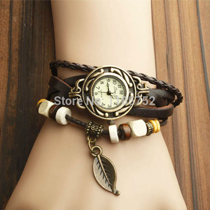 New Coffee Leaf Pendant Women Wristwatch Weave Wrap Around Leather Bracelet Ladies Female Quartz Watch Wrist Watch