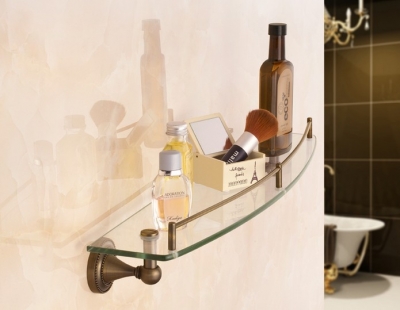 Wholesale And Retail Promotion Antique Brass Wall Mounted Bathroom Shelf Shower Caddy Glass Tier Storage Holder [Storage Holders & Racks-4322|]