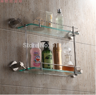 Wholesale And Retail Promotion Brushed Nickel Wall Mount Bathroom Shelf Dual Glass Tiers Caddy Cosmetic Storage [Storage Holders & Racks-4503|]