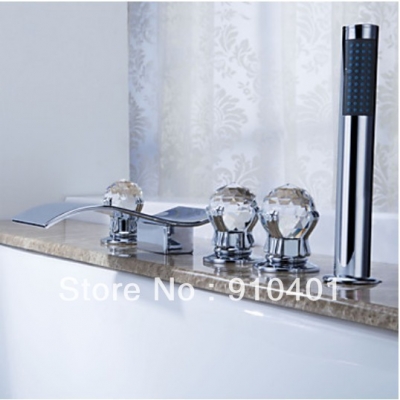 Wholesale And Retail Promotion Deck Mounted Waterfall Bathroom Tub Faucet Crystal Ball Handle W/ Hand Shower