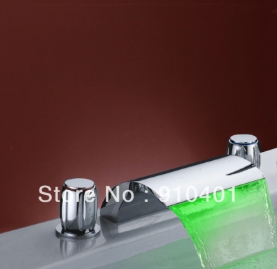 Wholesale And Retail Promotion LED Colors Arcuate Spout Waterfall Bathroom Basin Faucet Dual Handles Mixer Tap