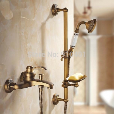 Wholesale And Retail Promotion NEW Antique Brass Bathroom Tub Faucet Sliding Hand Shower Mixer Tap W/ Soap Dish