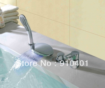Wholesale And Retail Promotion NEW Luxury LED Waterfall Bathroom Tub Faucet Chrome Brass Bathtub Mixer Tap 4PCS [3 PCS Tub Faucet-6|]