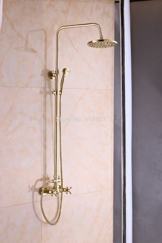 Wholesale And Retail Promotion NEW Wall Mounted Golden Brass Rain Shower Fuacet Dual Cross Handles Mixer Tap
