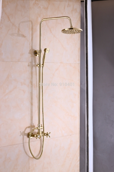 Wholesale And Retail Promotion NEW Wall Mounted Golden Brass Rain Shower Fuacet Dual Cross Handles Mixer Tap [Golden Shower-2935|]