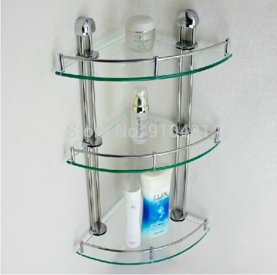 Wholesale And Retail Promotion Wall Mounted Bathroom Shelf 3 Glass Tiers Chrome Corner Caddy Cosmetic Storage [Storage Holders & Racks-4506|]