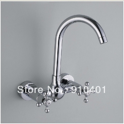 Wholesale And Retail Promotion Wall Mounted Chrome Brass Kitchen Faucet Dual Cross Handles Swivel Spout Mixer [Chrome Faucet-886|]