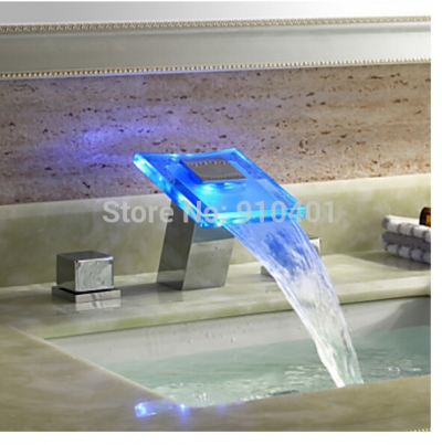 Wholesale And Retail Promotion Waterfall LED Bathroom Widespread Bathroom Basin Faucet Vanity Sink Mixer Tap [LED Faucet-3229|]