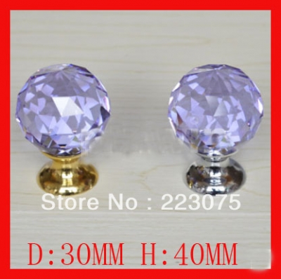 -30MM Furniture handle purple K9 Crystal Glass+bronze base Cabinet Cupboard Door Knob silver&golden 10pcs/lot