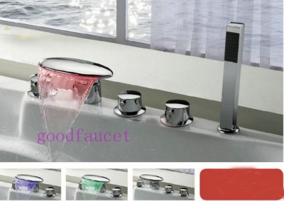 Deck Mounted LED Spray Tap Waterfall Bathroom Basin Sink Bathtub Mixer Faucet Chrome Finish [5 PCS Tub Faucet-246|]