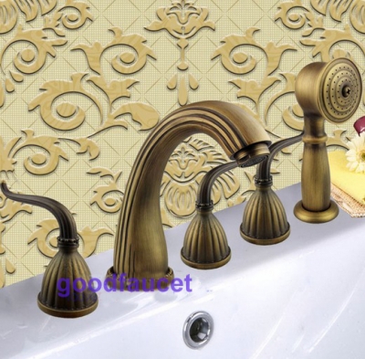 Free Sgipping Wholesale And Retail Promotion NEW Deck Mounted Antique Brass Bathtub Mixer Tap Faucet W/Hand Shower 5PCS Set [5 PCS Tub Faucet-259|]