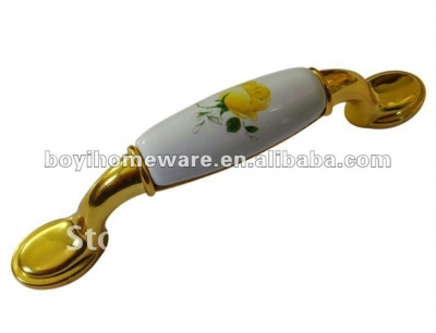 Gold zinc alloy yellow rose ceramic kitchen cabinet handle wholesale and retail shipping discount 50pcs/lot A03-BGP