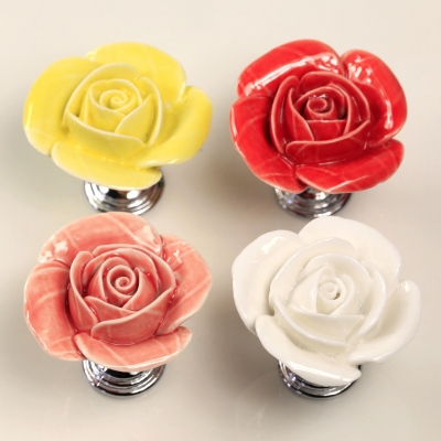 Rose drawer knob, Flower ceramic knob for cupboard, Kitchen cabinet hardware knob red, yellow, white, Pink 10PCS/lot [kidshandleknobs-191|]