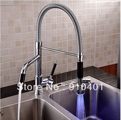 Wholesale And Retail Promotion Chrome Finish LED Rotatable Kitchen Faucet Pull Out Sprayer Dual Spouts 1 Handle