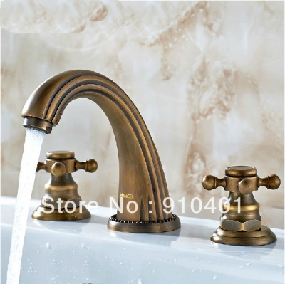 Wholesale And Retail Promotion Deck Mount Antique Brass Bathroom Basin Faucet Dual Handles 3PCS Sink Mixer Tap [Antique Brass Faucet-369|]