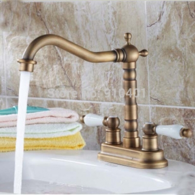 Wholesale And Retail Promotion Deck Mounted 4" Antique Brass Bathroom Faucet Basin Sink Mixer Tap Ceramic Lever